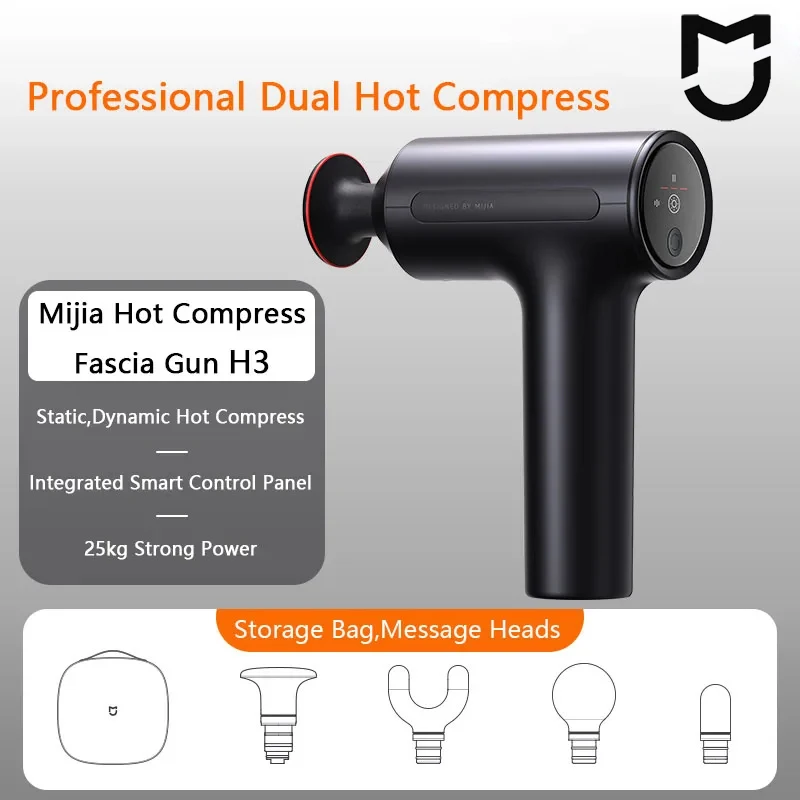 

Оригинальный массажный пистолет Mijia H3 с горячим компрессом, 25 кг тяги, бесщеточный двигатель, портативный, 4 массажные насадки, для расслабления мышц и тела