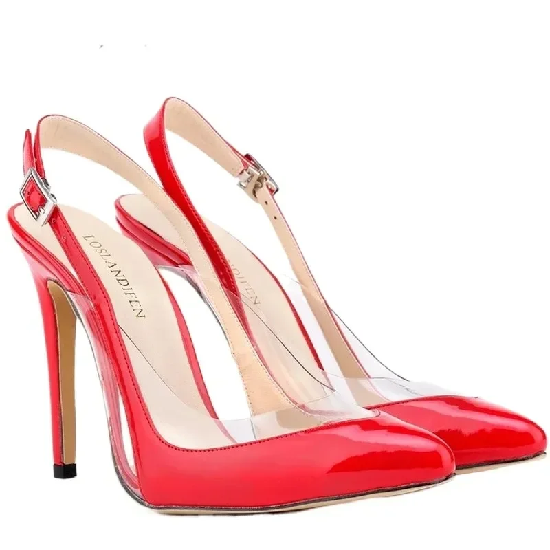 Zapatos de tacón de aguja transparentes de PVC para mujer, tacones altos de punta estrecha, sandalias con correa en el tobillo, zapatos de fiesta de boda, talla grande, 11cm