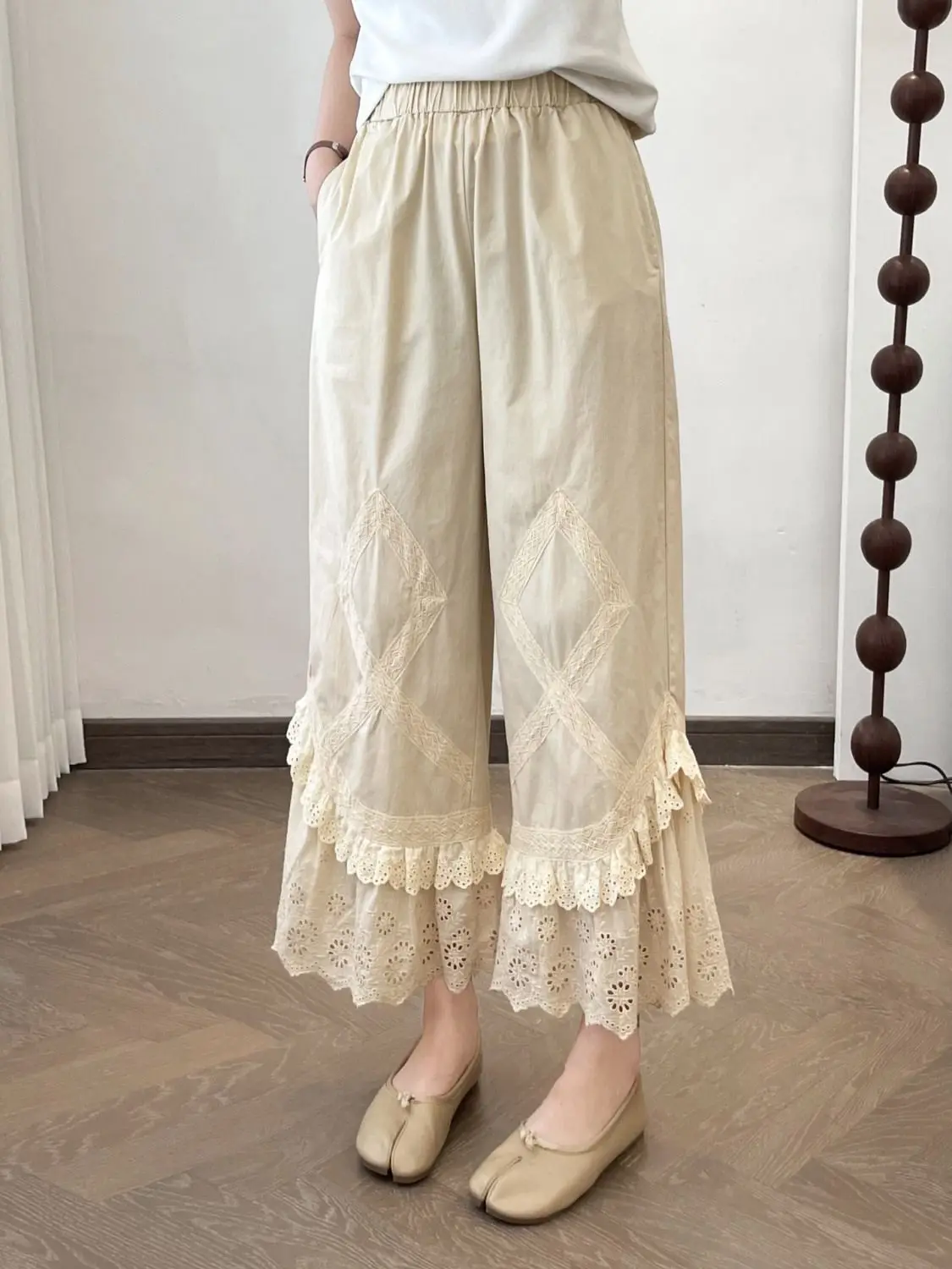 Small Bell-Bottom Pants Lace Webbing Double-Layer Lace Casual Embroidered Forest Sweet High-Waisted Wide-Leg Pants For Women