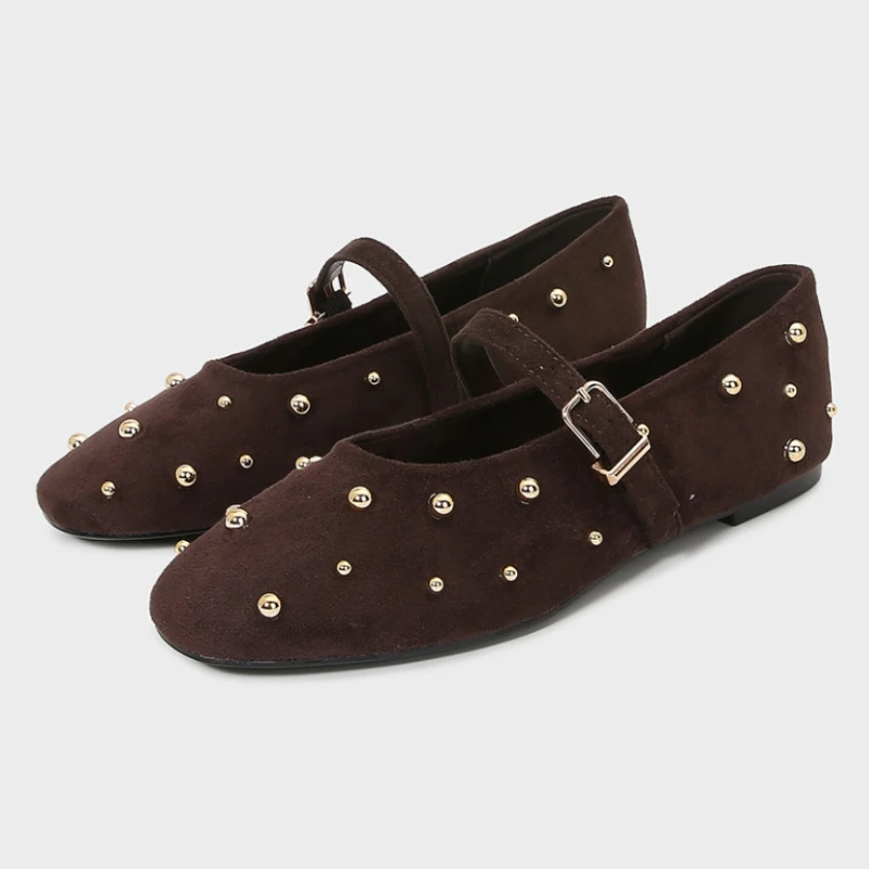 Round Toe Rivets Women Mary Jane Shoes Brown Faux Suede Metal Belt Non-slip Soft Sole Retron Design 2025 Spring Ladies Flats