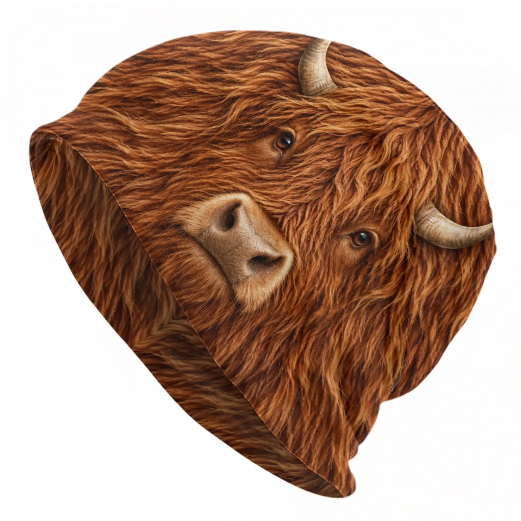 Highland Cow Print Slouch Beanie Hat for Men Women Shaggy Scottish Cattle Soft Stretch Skull Cap