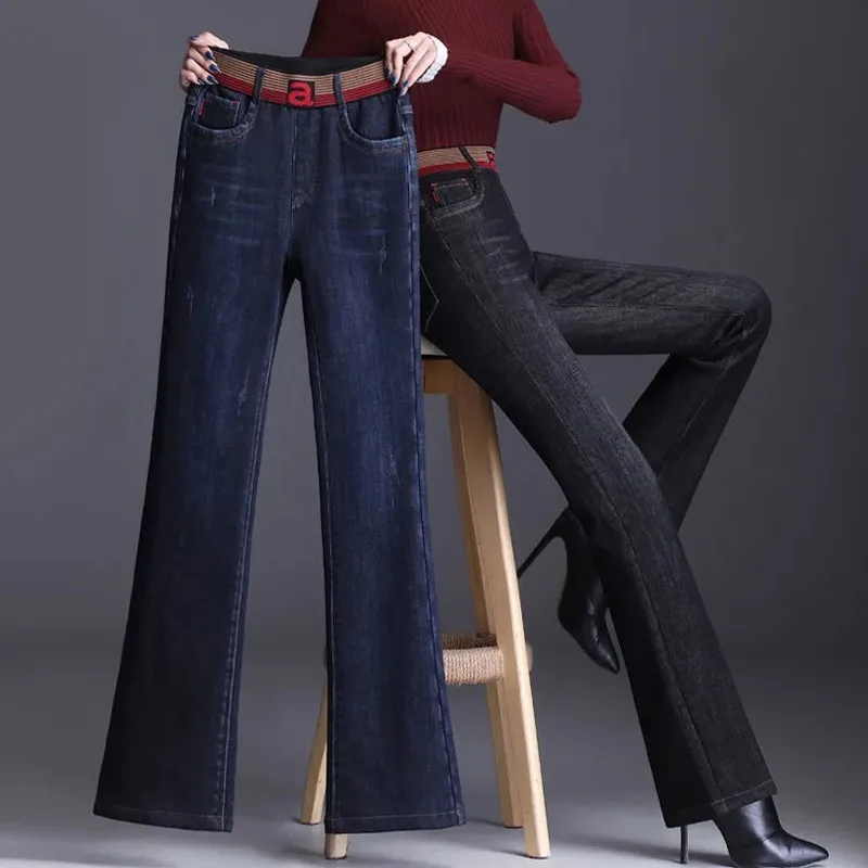 Women Jeans 33 Big Size High Waist Vintage Flare Denim Pants Slim Stretch Straight Vaqueros Casual Pantalones Korean Trouser New