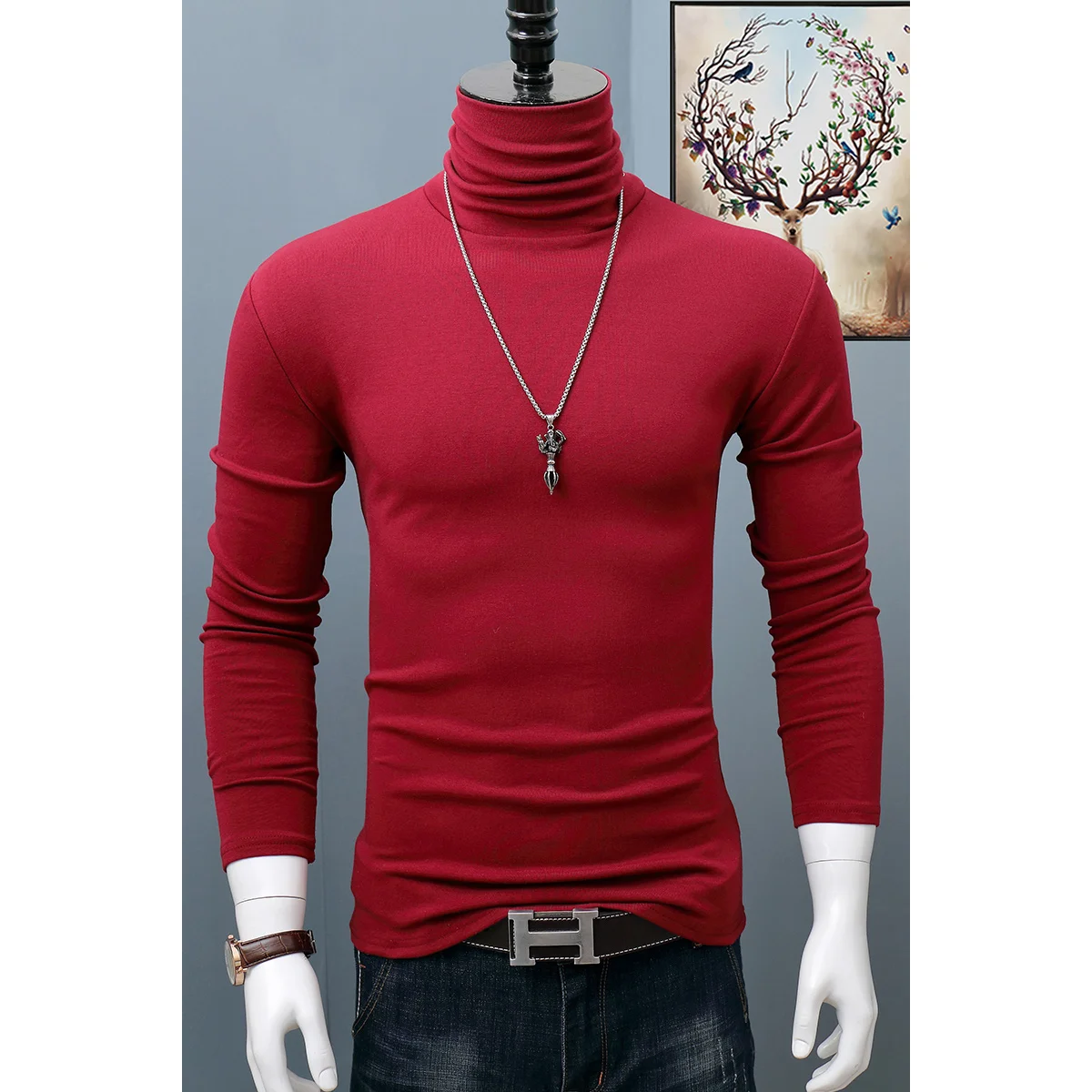Men's Classic Autumn Winter Turtleneck T-Shirt Dark Red Stretch Casual Turtleneck Top Plus Size Long Sleeve Tee Shirts Young Men image 6