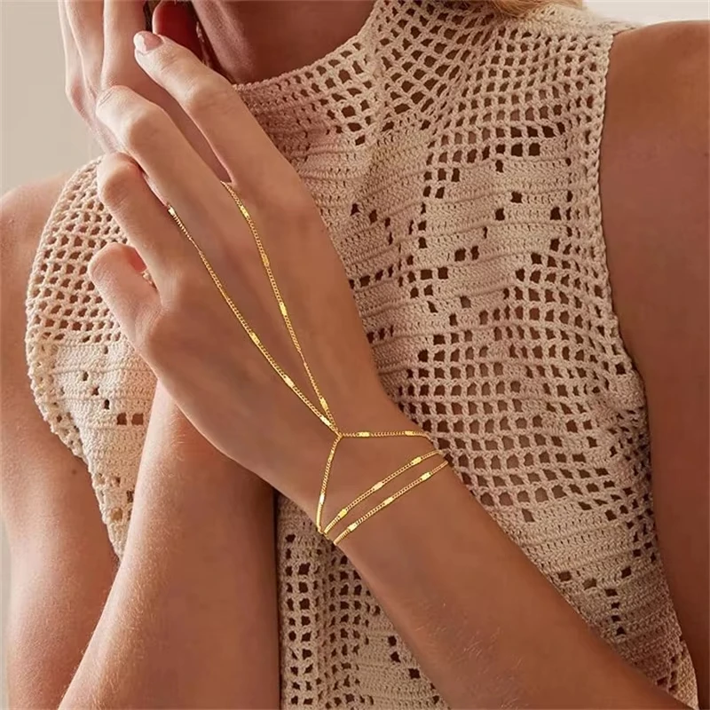 Women Multilayer Vintage Ball Beads Link Bangles Minimalist Thin Chain Connected Finger Ring Bracelets for Party Elegant Jewelry
