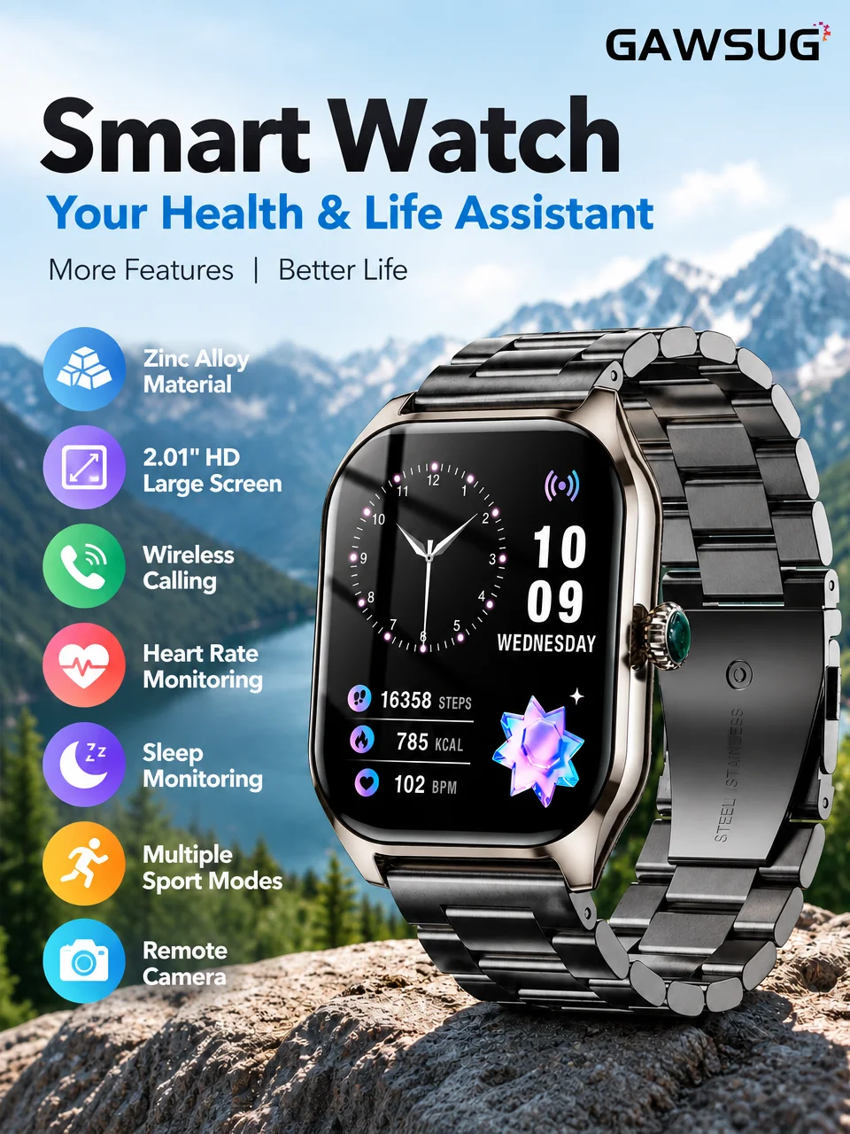 2,01" HD Smartwatch für Herren und Damen, Bluetooth-Anruf, Herzfrequenz- und Schlafüberwachung, Touchscreen, Fitness-Tracker, Sport-Smartwatch, Geschenk