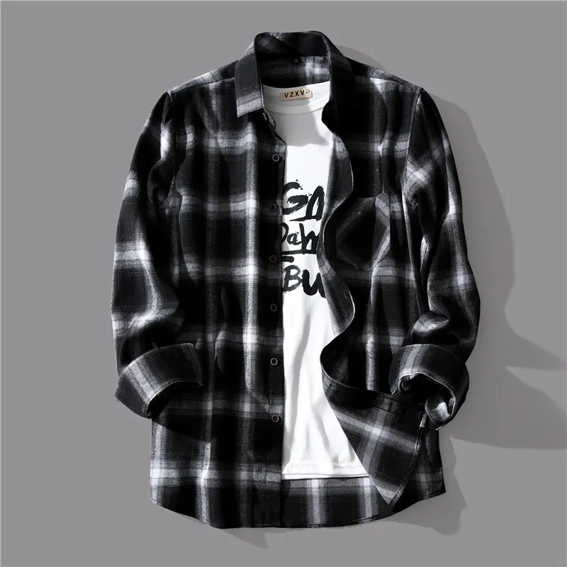Retro Plaid Long Swedish Shirt Men's Loose Shirt Jacket Casual Style Polyester Fabric Long Sleeve Button-Up Spring Fashion
