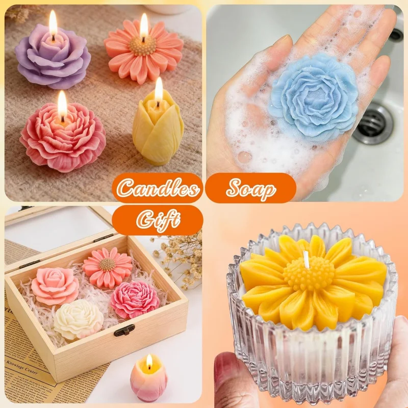 4Set of flower silicone molds，3D3D Flower Silicone Mold，Daisy、Peony、Rose、Tulip，Easy to demold，ApplicableDIYCandle、Soap、Epoxy res