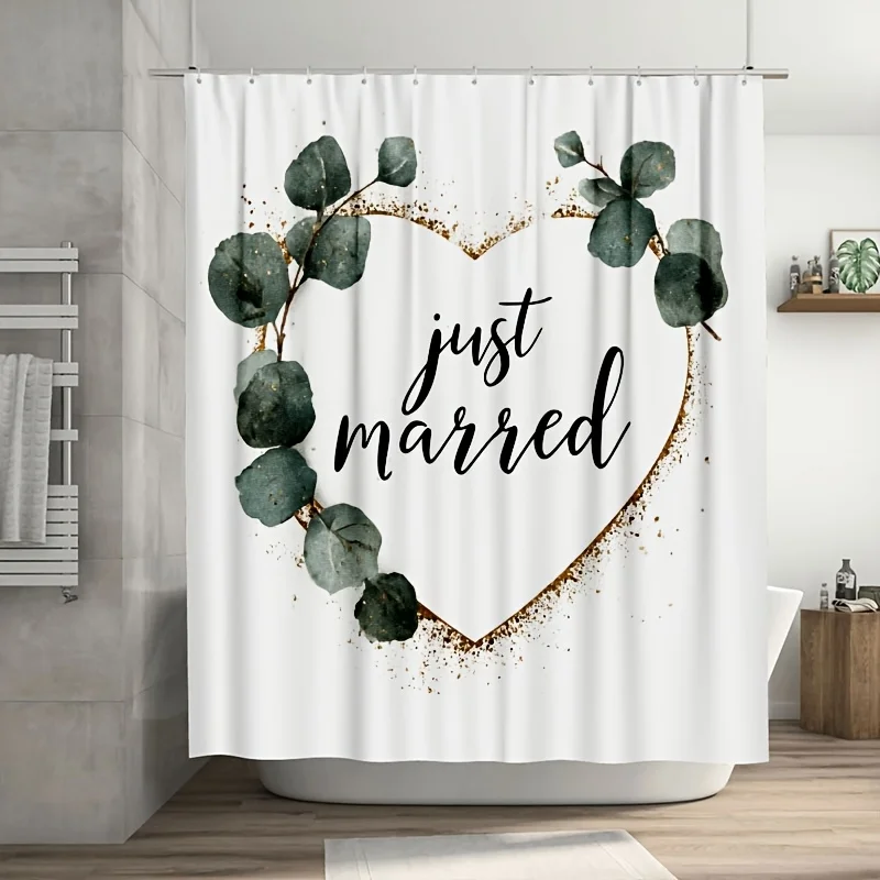 シャワーカーテン-just-married-ユーカリ-ハート-ラブ-ボヘミアン-ウェディング-バスルーム装飾-ホームアクセント-グリーン-フローラル-ギフト-180x180cm