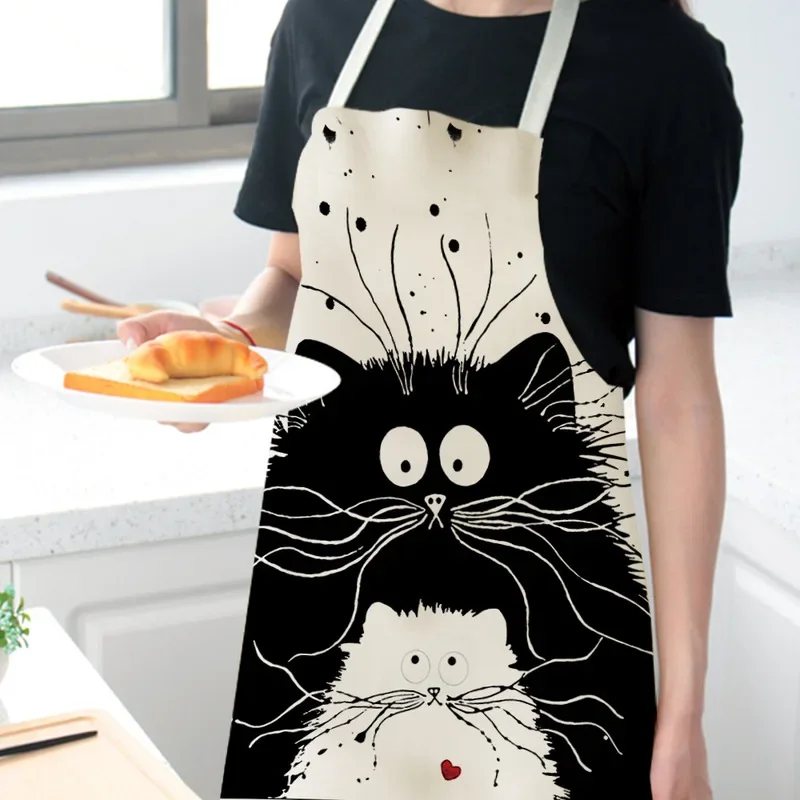 1Pcs Kitchen Cooking Apron Cute Cat Printed Home Sleeveless Cotton Linen Easy Aprons for Kids Women Baking Accessories Fartuchy