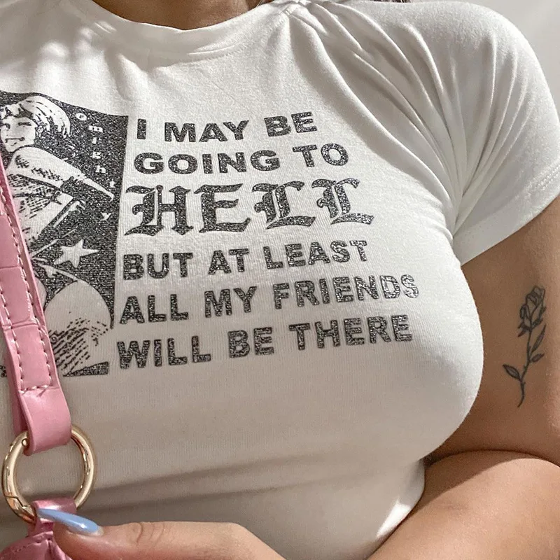 2023 Y2K Aesthetics Letter Print Baby Tees 2000s Streetwear Patchwork O-neck Short Sleeve Summer Women's Crop Tops Cute T-shirts