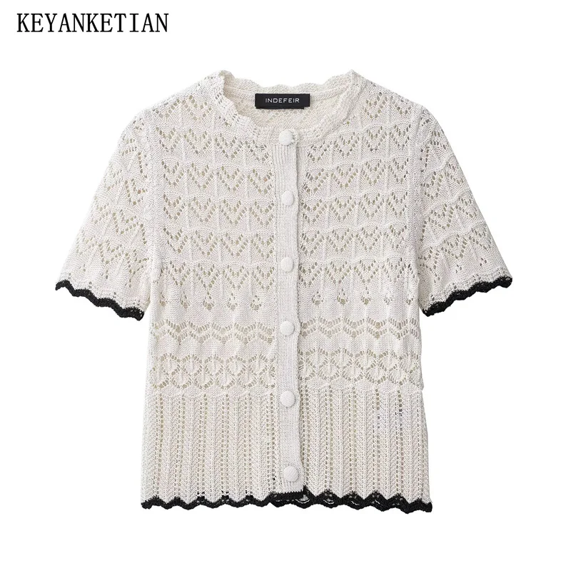 

KEYANKETIAN новый летний женский кардиган с короткими рукавами и круглым вырезом, волнистая сетка, полый вязаный кардиган, женский свитер, пальто