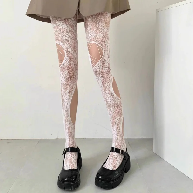 Ripped Pantyhose Hollow-out Fishnet Rose Millennium Hot GirlinsTrendy Personality Asymmetric Design Black Silk