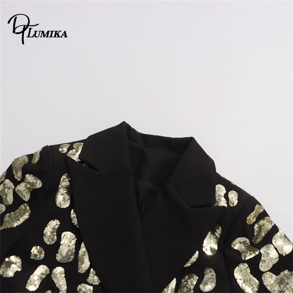 DTLumika Giacca da abito lunga da donna alla moda, abito da festa nero, blazer Suir con paillettes con immagini reali