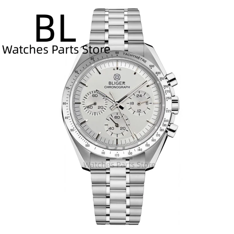 BLIGER 40mm Moon Quartz Watch For Men VK63 Chronograph Bubble Crystal Waterproof Stainless Steel Black White Dial Business Watch view 4