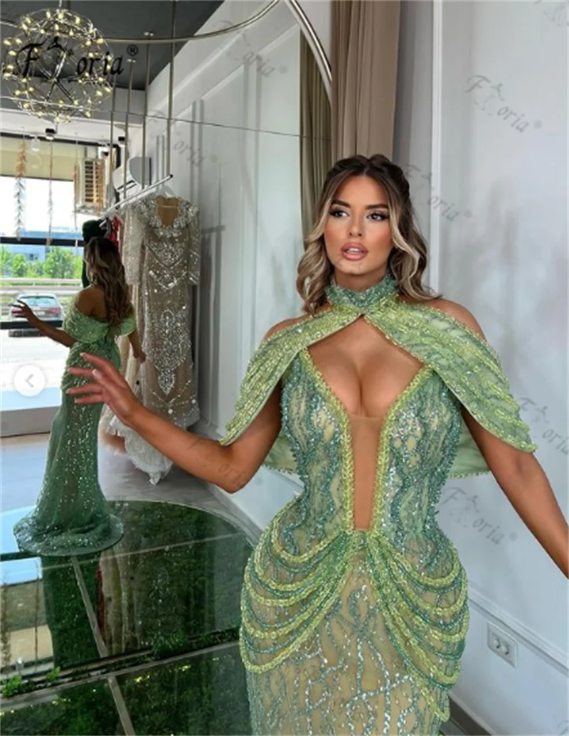 Luxe Kralenversiering Avondjurk Met Afneembare Cape Groene Dubai Memaid Celebrity Event Jurken Robe De Soiree Elegant Feest