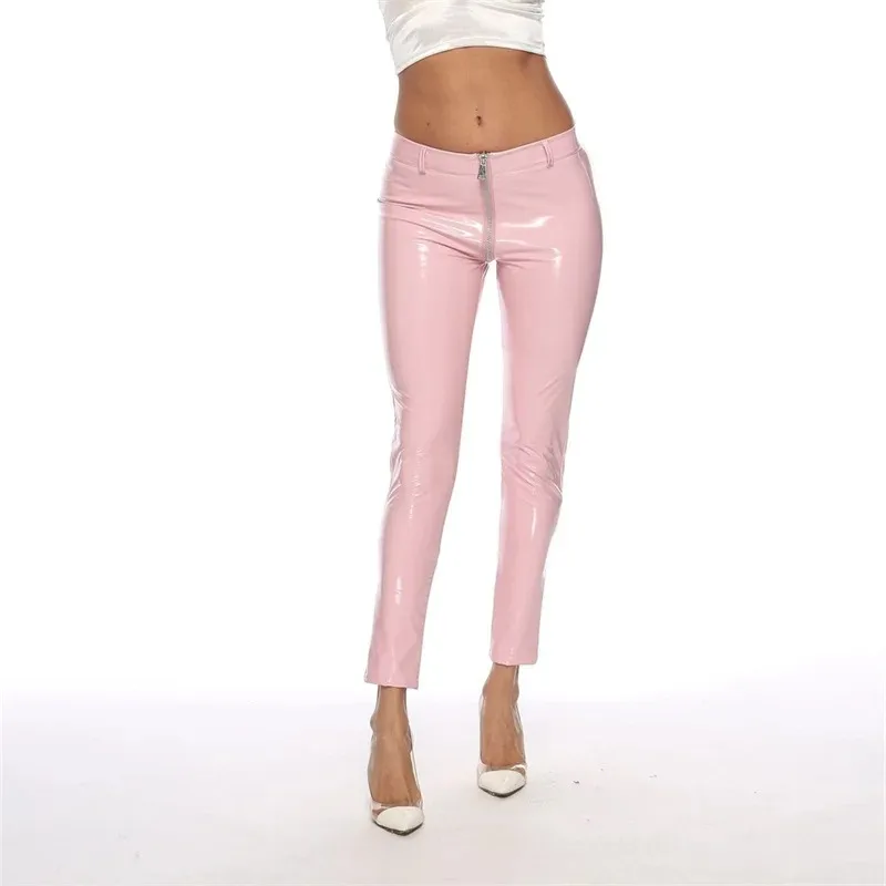 Sexy Patent Leather Tight Pants Women Zipper Open Crotch Erotic Uniform Lady Latex Trousers Nightclub Stage Pole Dance Costumes