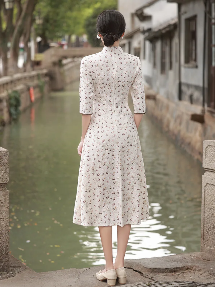 FZSLCYIYI-Vestido de casamento vintage para mulheres, manga de sete pontos, chiffon Split, Qipao a linha, gola mandarim chinês, Aodai Cheongsam