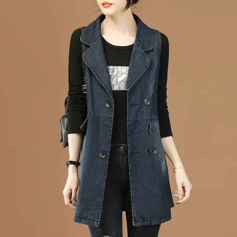 Women Long Denim Vest 2025 Autumn Korean Fashion Double Breasted Ripped Jeans Jacket Waistcoat Female Casual Sleeveless Outwear