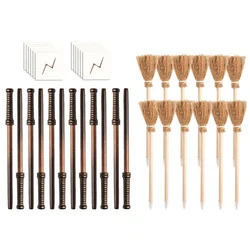Wizard Party Supplies Set - Witch Broom Pencil,Magic Wand Pencil and Flash Bolt Scar Temporary Tattoos