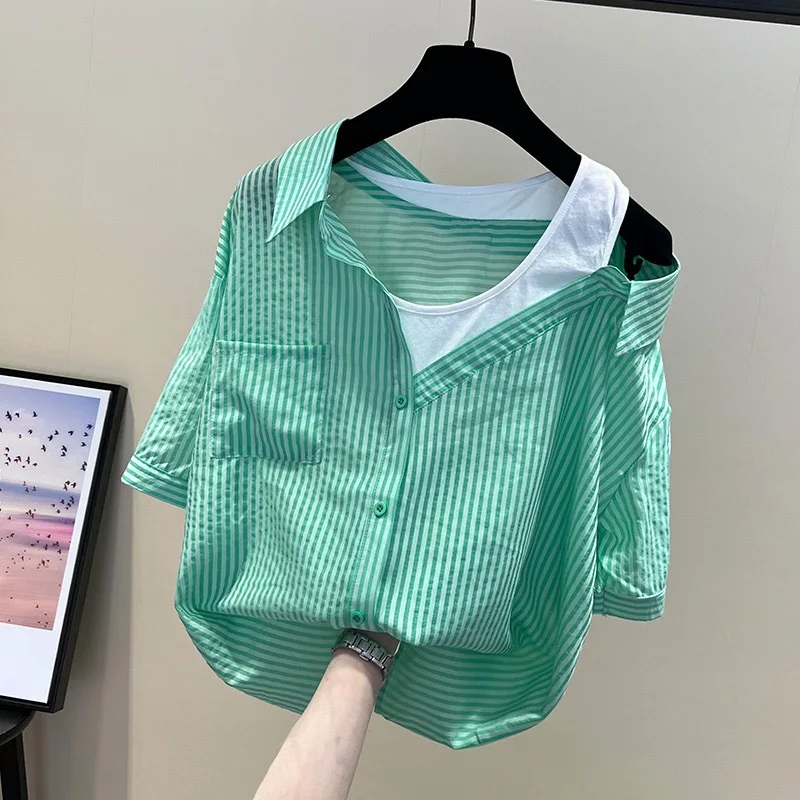 

Fake Two Piece Striped Sleeve Shirt, Asymmetrical Cold Shoulder Design Lapel Collar Single Chest Pocket Button Front Loose