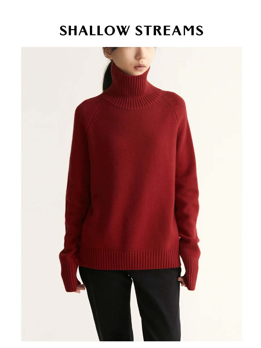 

Red High Collar Women's Sweater 100 Wool Commute Style Pullover Warm Top Winter Fashion Classic Thickened Long Sleeve Crew Neck