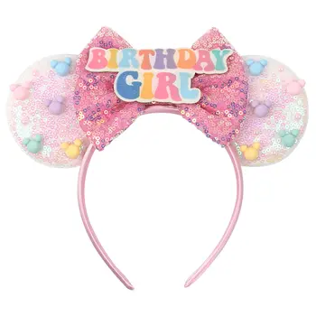 Dívčí čelenky s narozeninovými ušima Minnie Mouse, Disney myší uši, kreslené flitry, 5 palcová mašle, dětské párty, DIY vlasové doplňky 10 nejlepší prodej Čelenka s ušima Minnie Mouse - №8