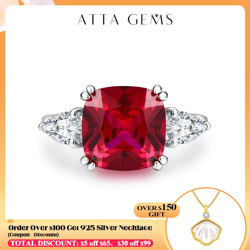 

ATTAGEMS 2024 Cushion Cut 10*10mm 925 Sterling Silver Red Ruby Ring for Women With Certificed Engagement Promise Wedding Jewelry