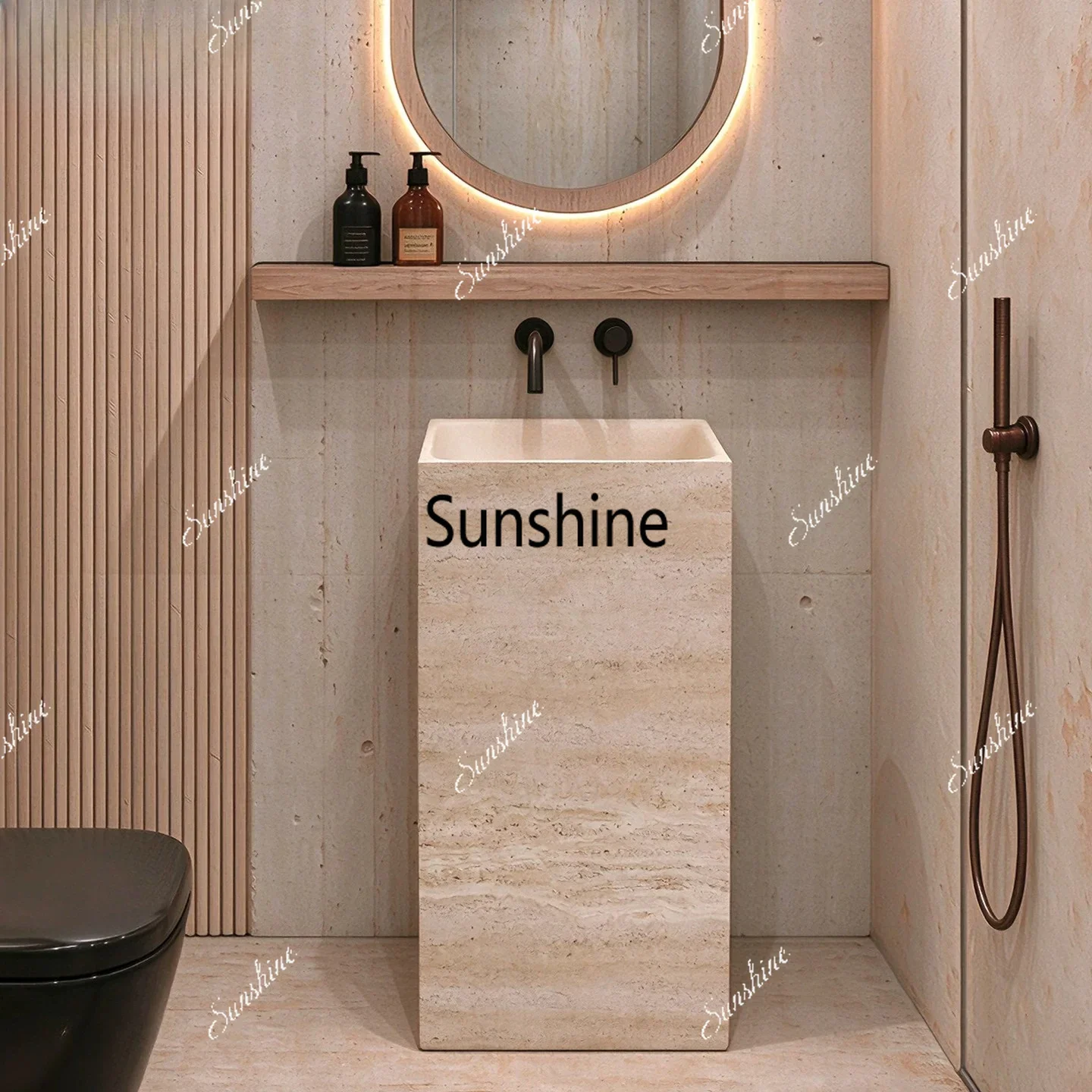F Floor-to-ceiling integrated art wash table creative yellow and red travertine pillar basin
