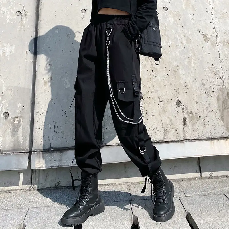 Harajuku Black Cargo Pants Women Gothic Chain Hiphop Streetwear Removable Sleeve Tops And Casual Pants Female Baggy Trousers