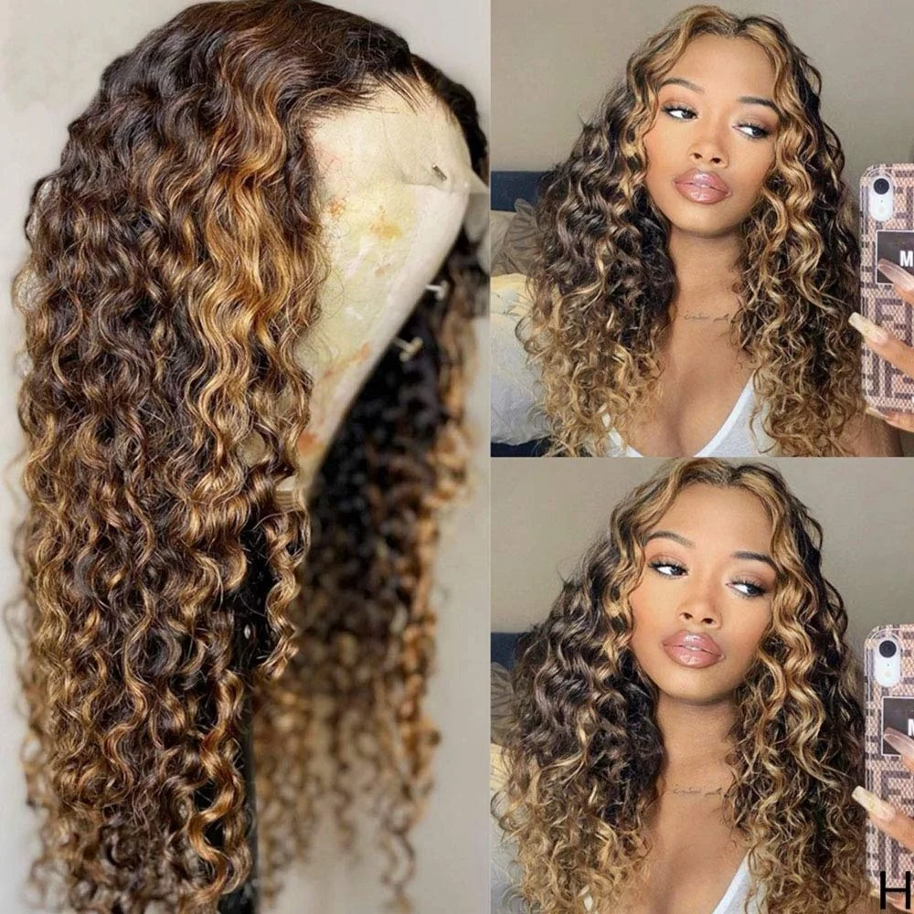 Perucas dianteiras do laço onda profunda para mulheres, cabelo humano, destaque transparente, pré arrancadas, 4, 27