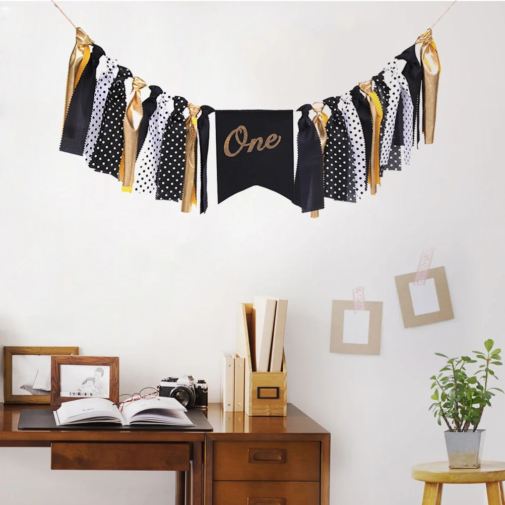 1st Party Yellow Black Garland One Birthday Highchair Banner Photo Prop for Theme