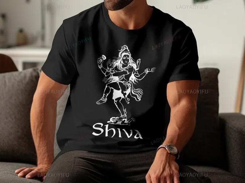 Shiva Hindu Deity Spiritual Black Cotton Graphic Tshirt Indian Mythology Lord Shiva Illustration Woman Man Shirt Yoga Wear Tops