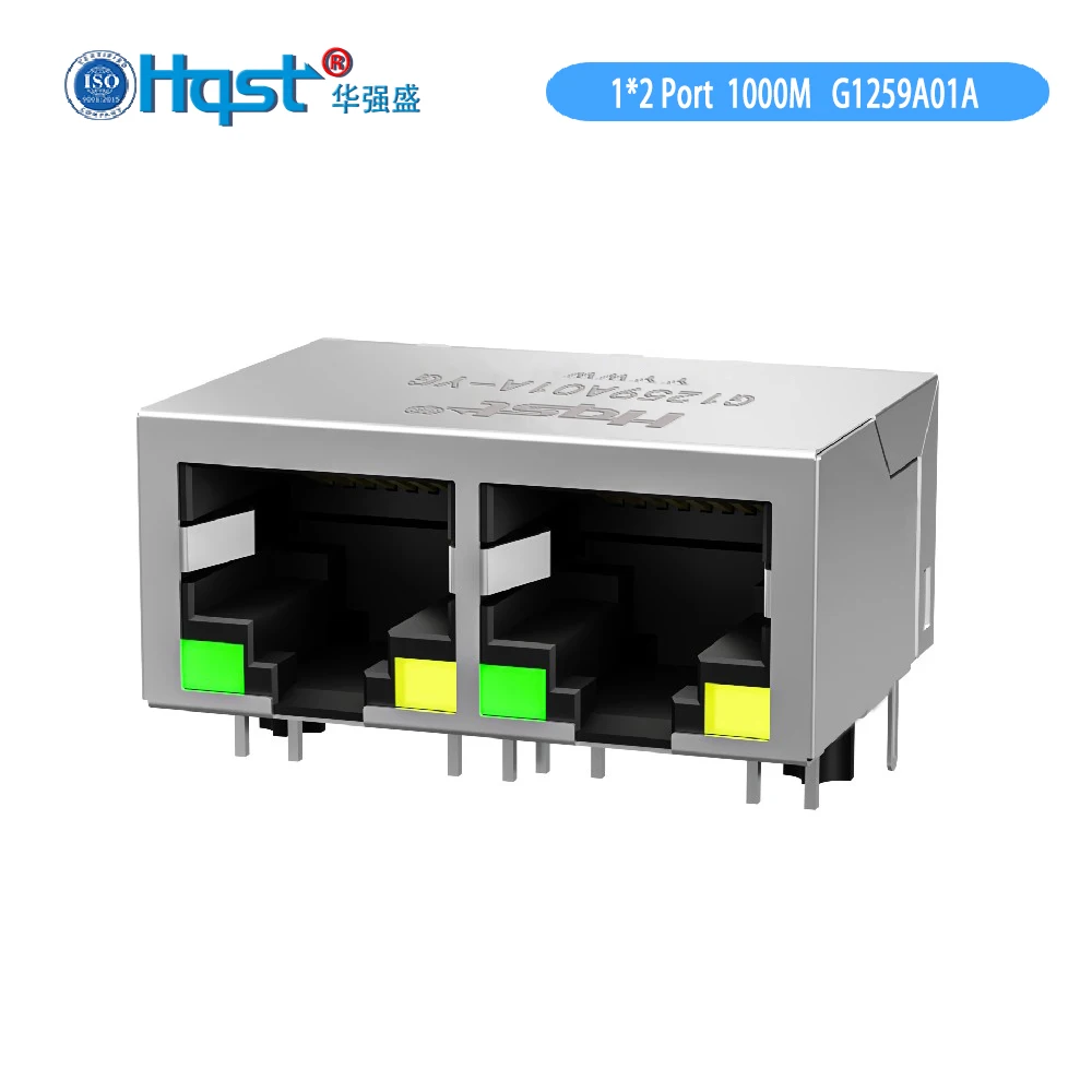 Hqst G1259A01A-GY Dual-port 10P10C RJ45 connector with 100/1000 Base-T magnetic module with LED and shielded shell
