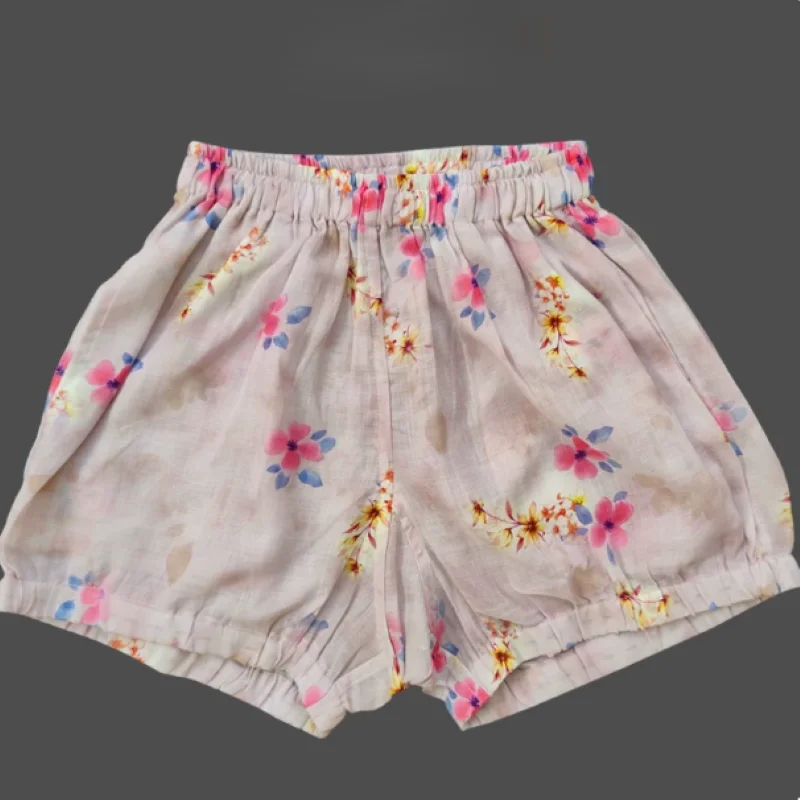 Women's Natural Ramie Floral Bloomers Thin Breathable Loose Yoga Running Athletic Shorts With Pockets For Summer Outdoor Wear