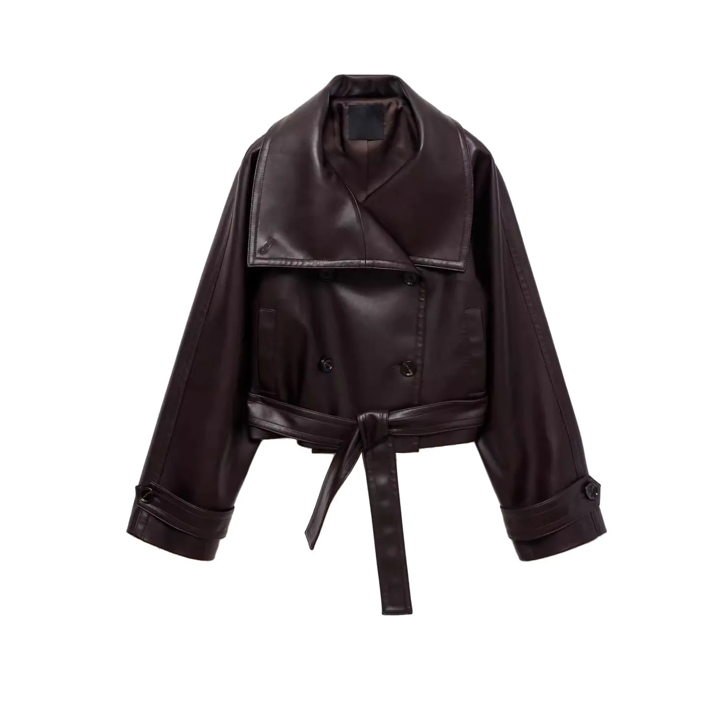خريف جديد المرأة طويلة Sve الوقوف طوق بولي Leather تأثير الجلود ort Jaet معطف مع حزام Faionable سليم صالح تخفيف Sle
