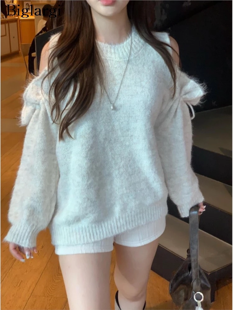 

Осень-зима, вязаный свитер в корейском стиле, женский модный вязаный пуловер с открытыми плечами, женские топы, повседневный женский джемпер с длинными рукавами