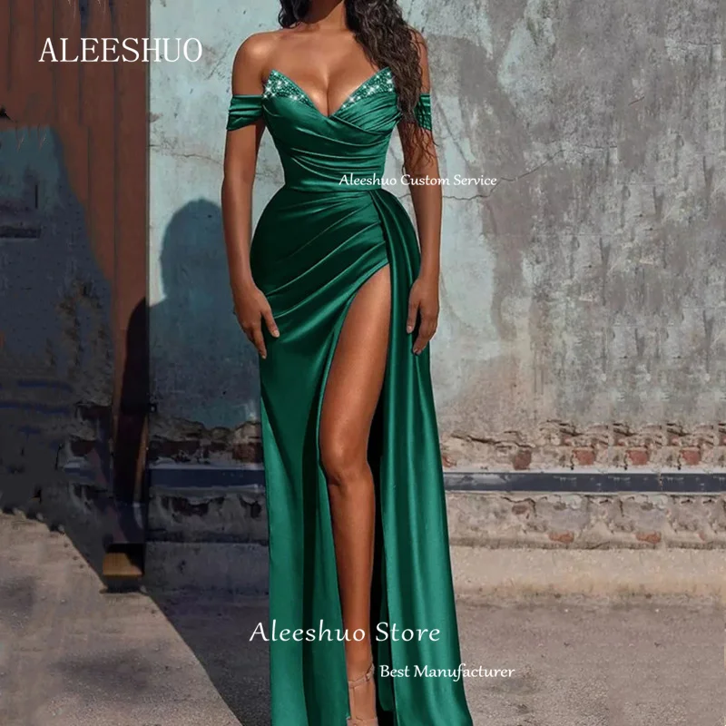 Aleeshuo-vestidos de noche con cuentas de sirena, vestido de graduación Formal con abertura lateral alta, Sexy, satén, largo hasta el suelo, vestido de fiesta de cóctel