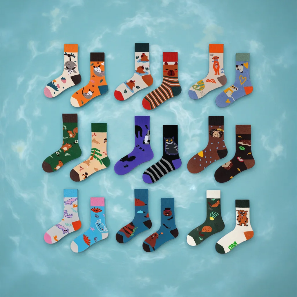 Original Design 9 Styles Funny AB Trend Cotton Crew Socks Unisex Cute Animal Cartoon Irregular Socks Women Men Couple Long Socks