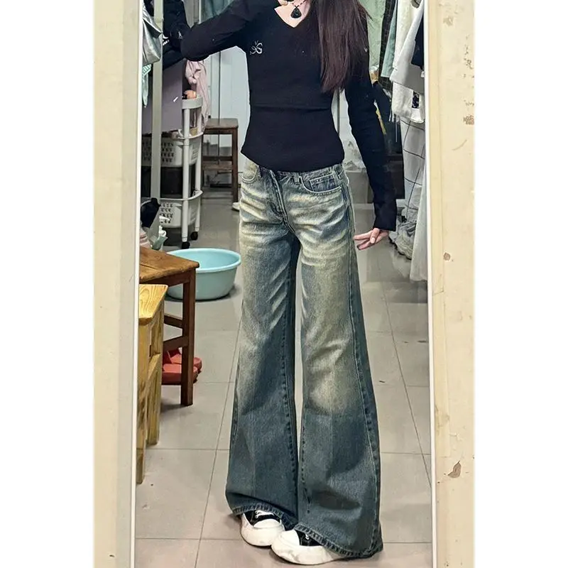 2026 Autumn Korean of Small American Retro Straight Jeans New Spice Girl Washed Low Waist Loose and Thin Straight Mopping Pants