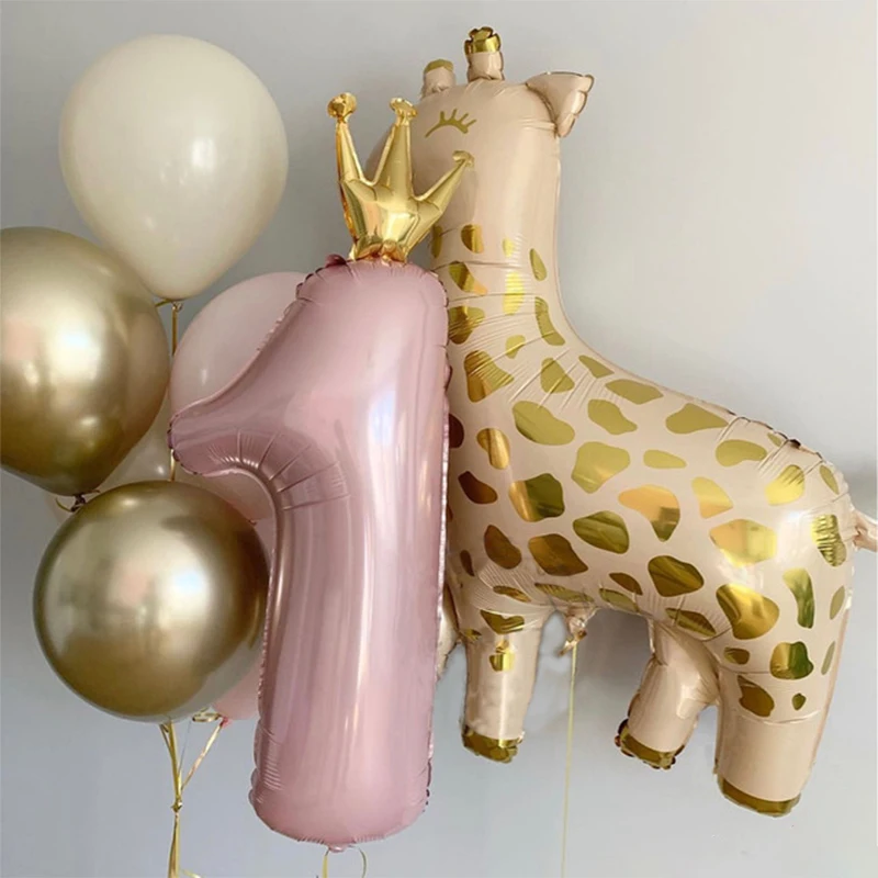 9pcs Pink 36inch Number Giraffe Animal Foil Balloons 1st Birthday Decorations Girl Boy Baby Shower First One Year Party Supplies