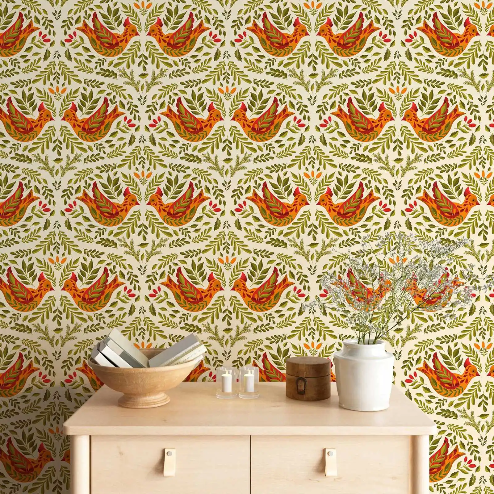 Folk Bird Wallpaper Peel and Stick,Boho Botanical Wall Paper For Home Decor,Hand Drawn Vintage Wall Mural Rolls,  Or Traditional