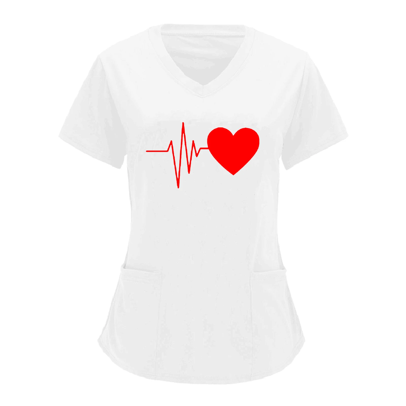 XUANSHOW Nurse Style Clinic Women t shirt Summer Clothes Printed Love V-neck Pockets Short-sleeved T-shirt Women Tops