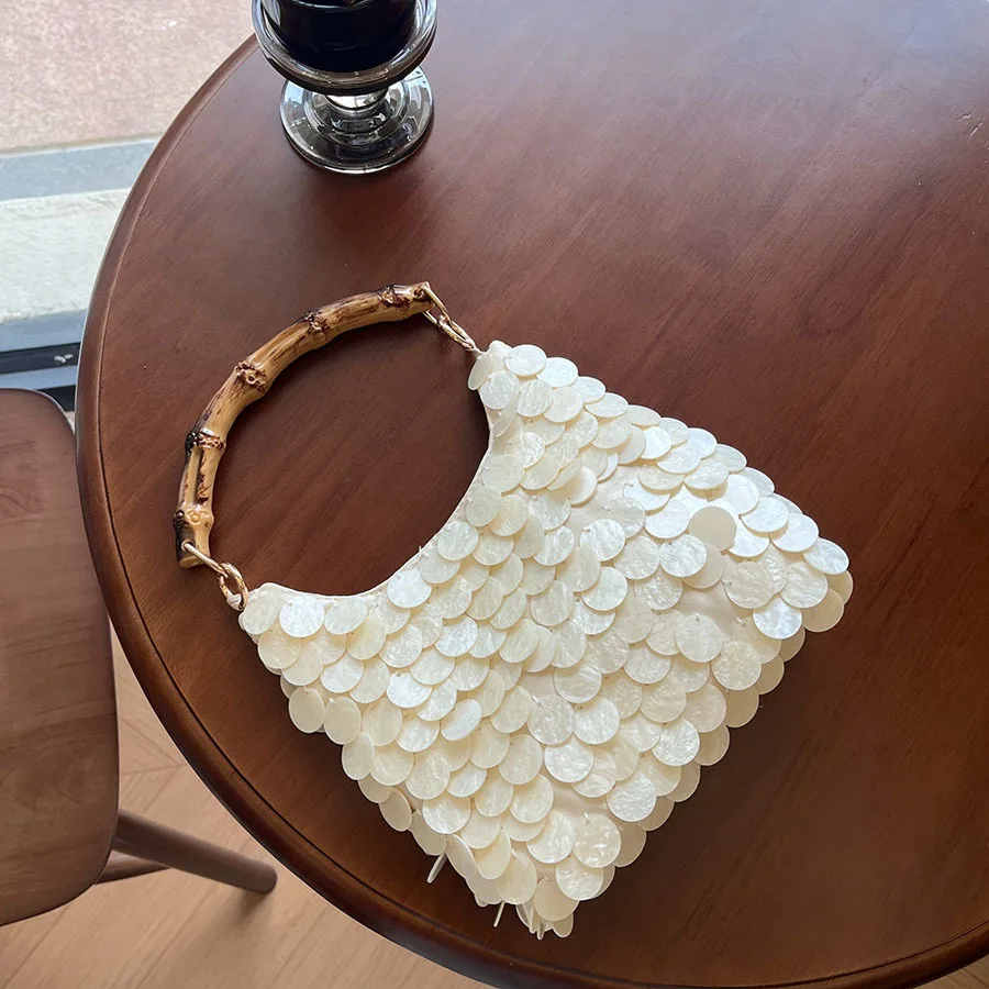 

Spring and summer handmade shell bag bamboo joint wooden handle handbag seaside vacation chain niche design bag