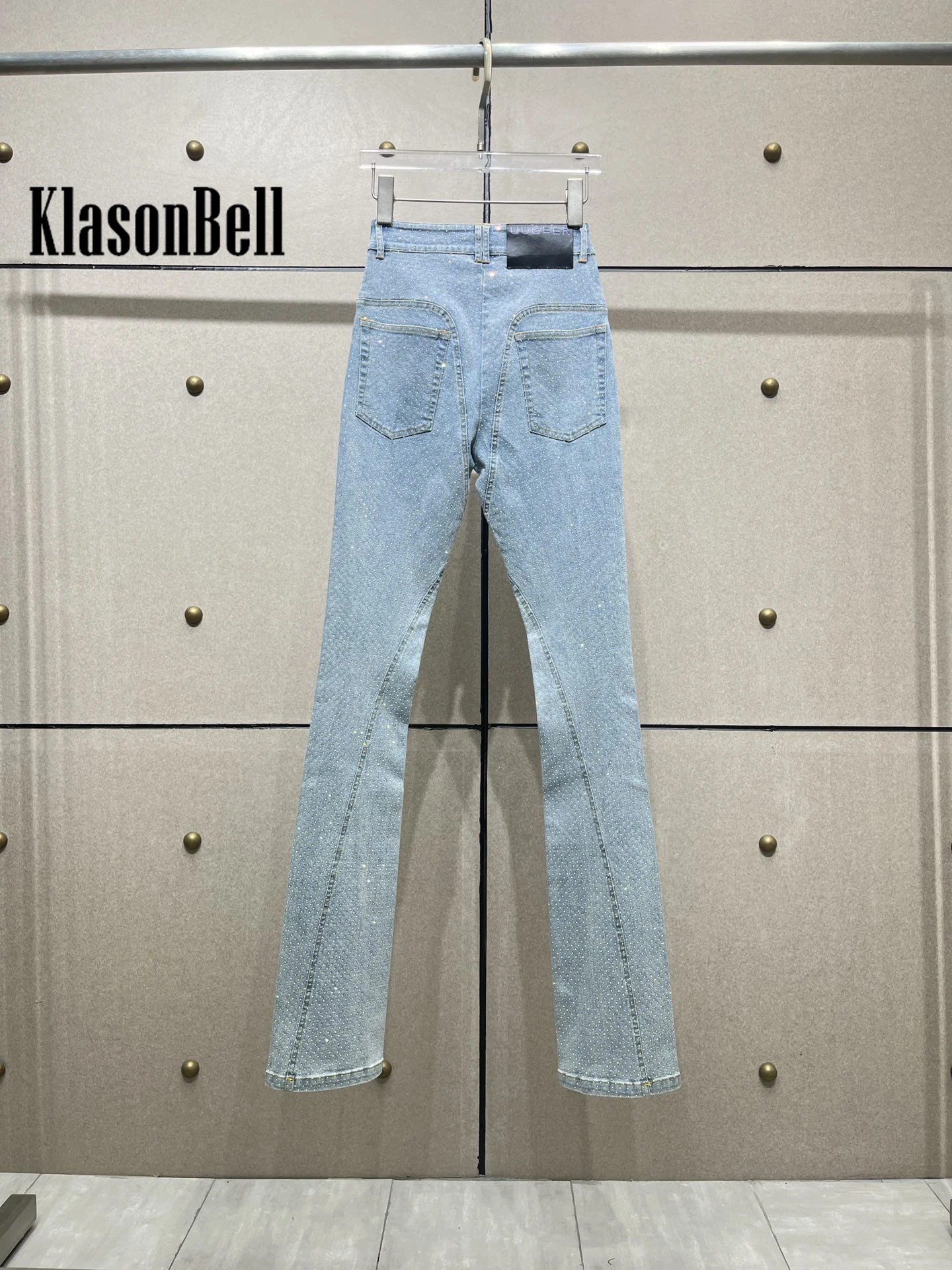 5.19 KlasonBell-Women\'s Mid Waist Flare Denim Trousers, Personality Fashion, Bling Crystal Diamonds, All-Match Slim Flare Jeans