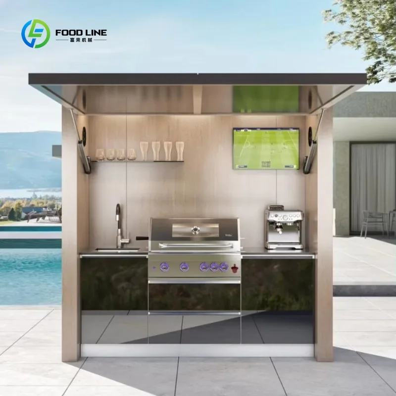 Factory Direct Modern Premium Powder Coated Outdoor BBQ Kitchen with Shed and Remote Control Door for Perfect Barbecue Party
