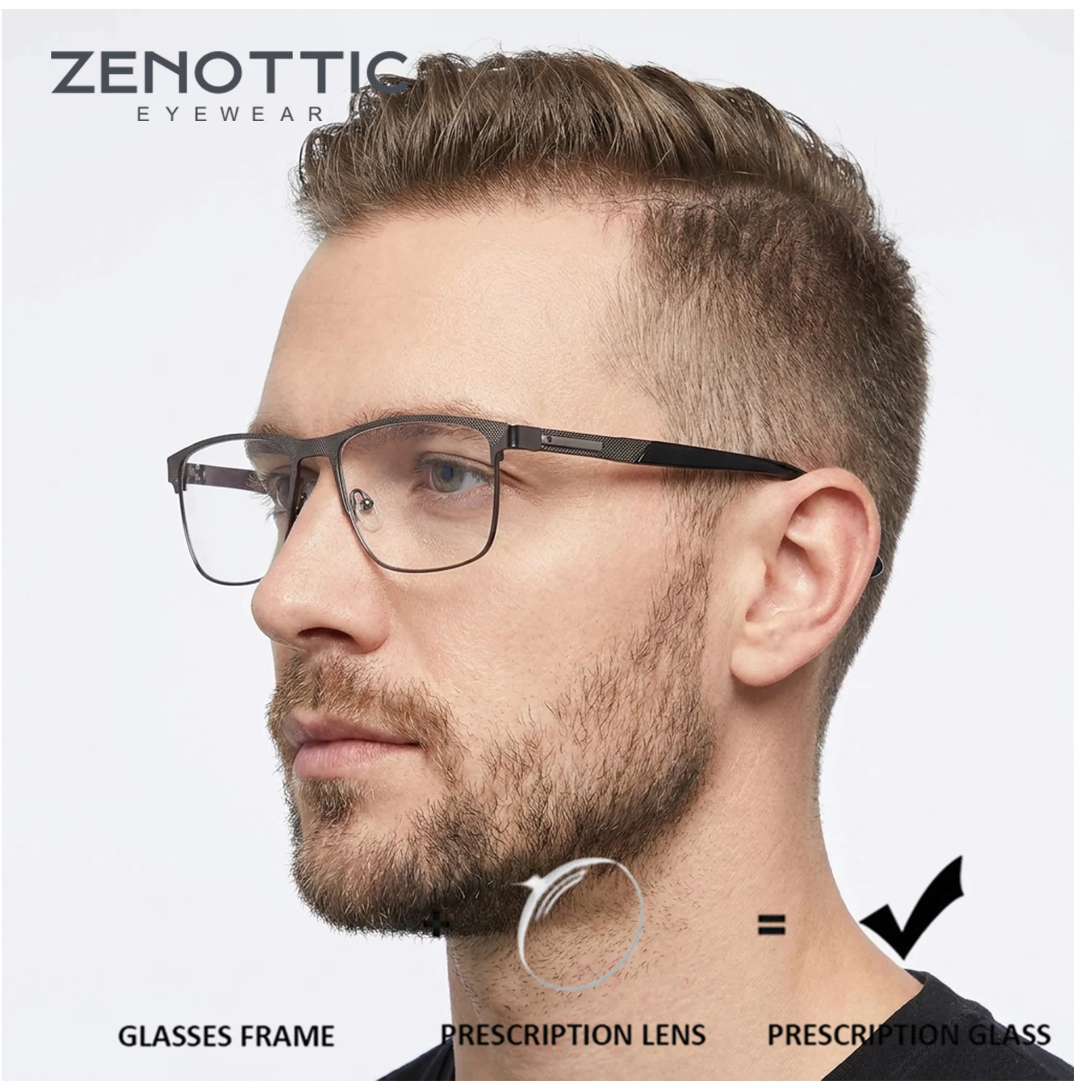 ZENOTTIC (taille XXL) Lunettes de vue carrées en métal pour hommes, double pont, lumière bleue, photochromiques, optiques