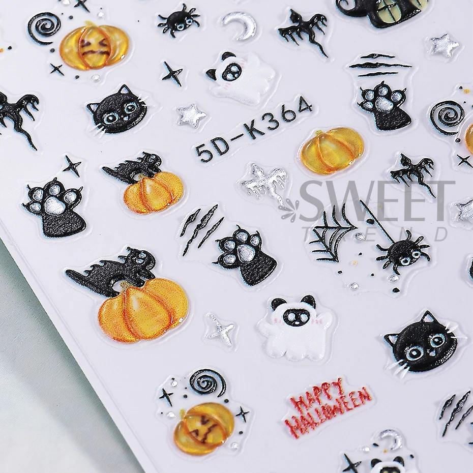 2pcs 5D Embossed Nail Stickers Cute Cat Pumpkin Star Skull Ghost Spider Web Adhesive Nail Decals Halloween Manicure Decoration
