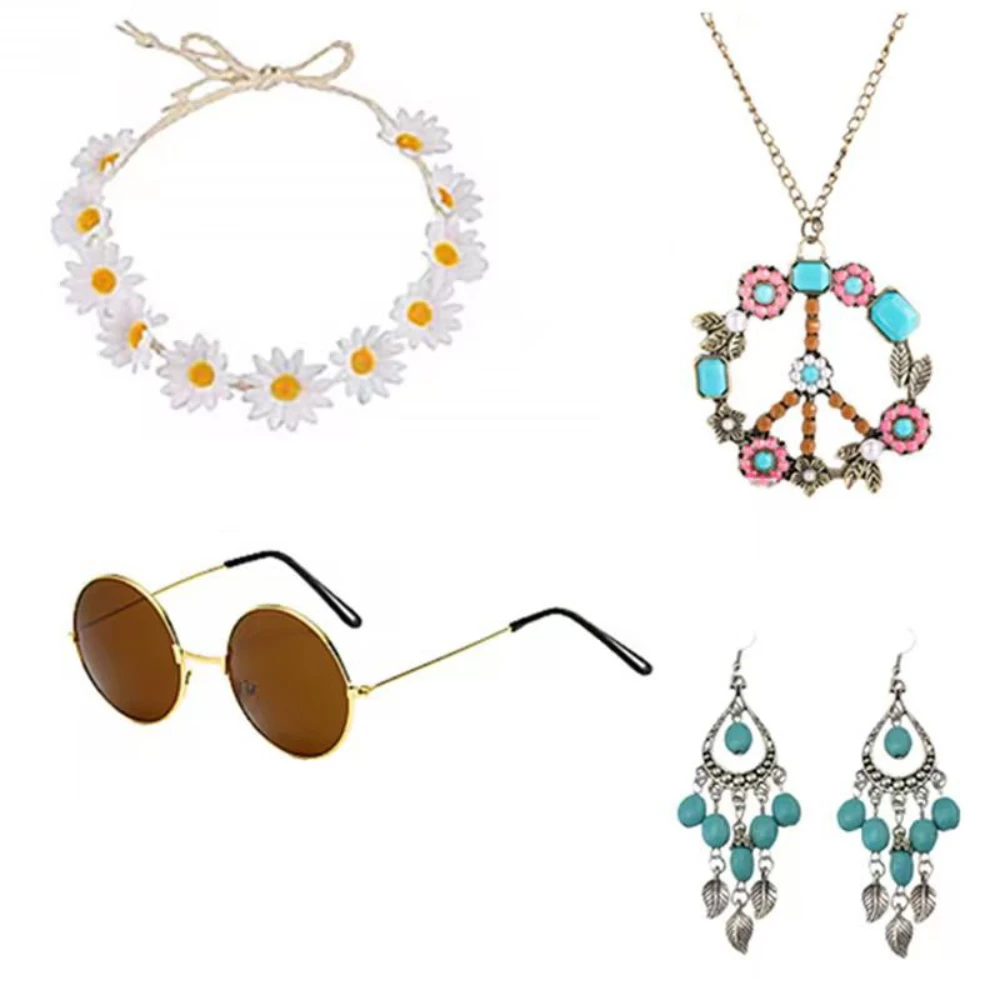 

PESENAR Women's Hippie Clothing Set - Retro Glasses From The 1960s and 1970s, Peace Logo Necklace, Sunflower Crown Headband