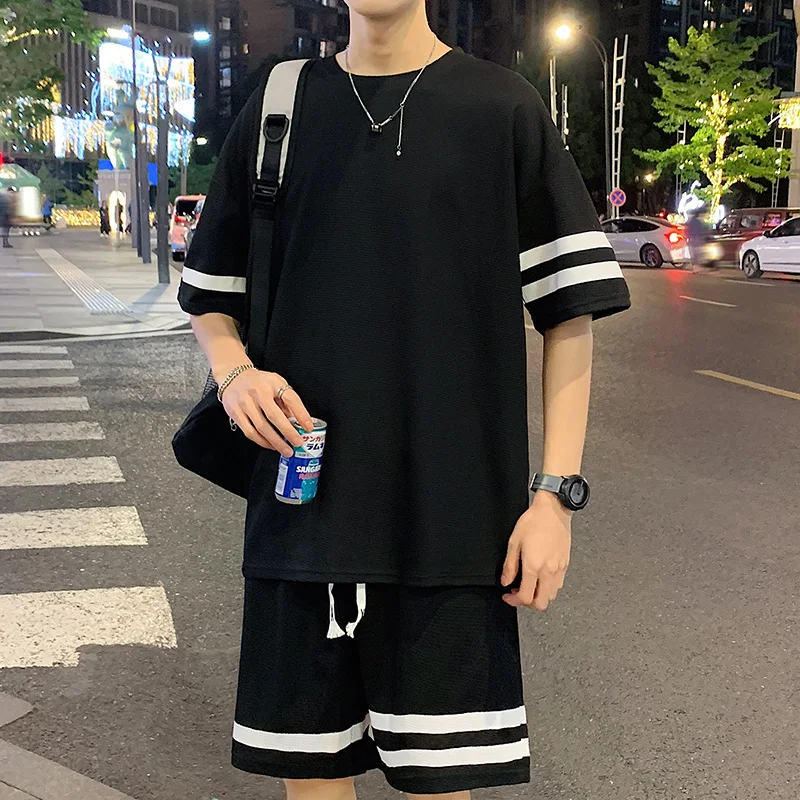 Summer Ice Thin Quick Drying Short Sleeved Shorts With Trendy And Versatile Youth Casual Two-Piece Set Black White Green M-3XL