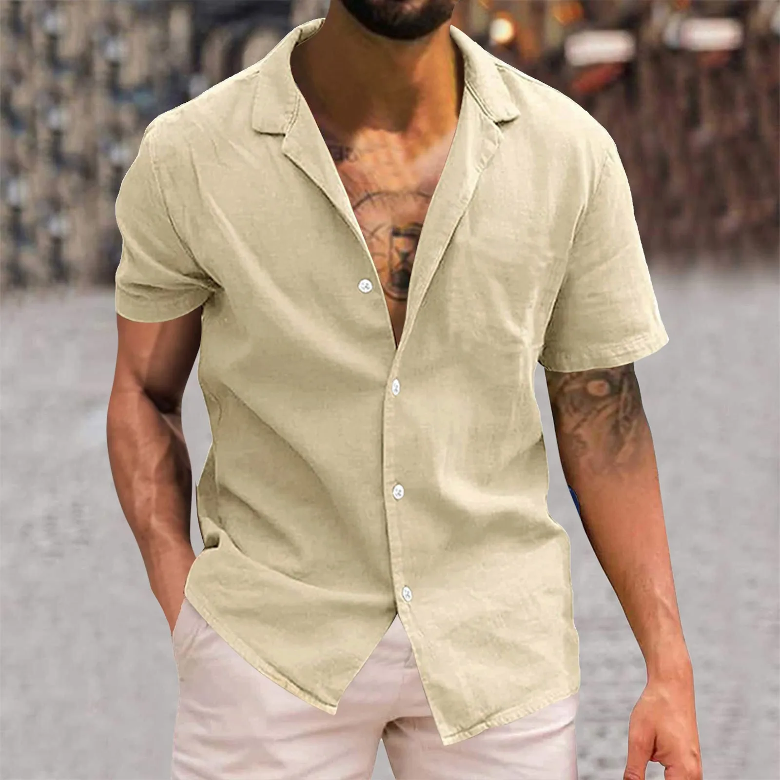 Camisa hawaiana estilo playero negra, Tops de manga corta con cuello vuelto, blusa con botones de lino y algodón, camisa holgada de estilo de viaje para trabajo para hombre